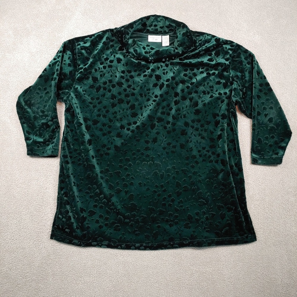 Amanda Stewart Mock Neck Top - Women 1X Green Velvet Floral Burnout 3/4 Sleeve